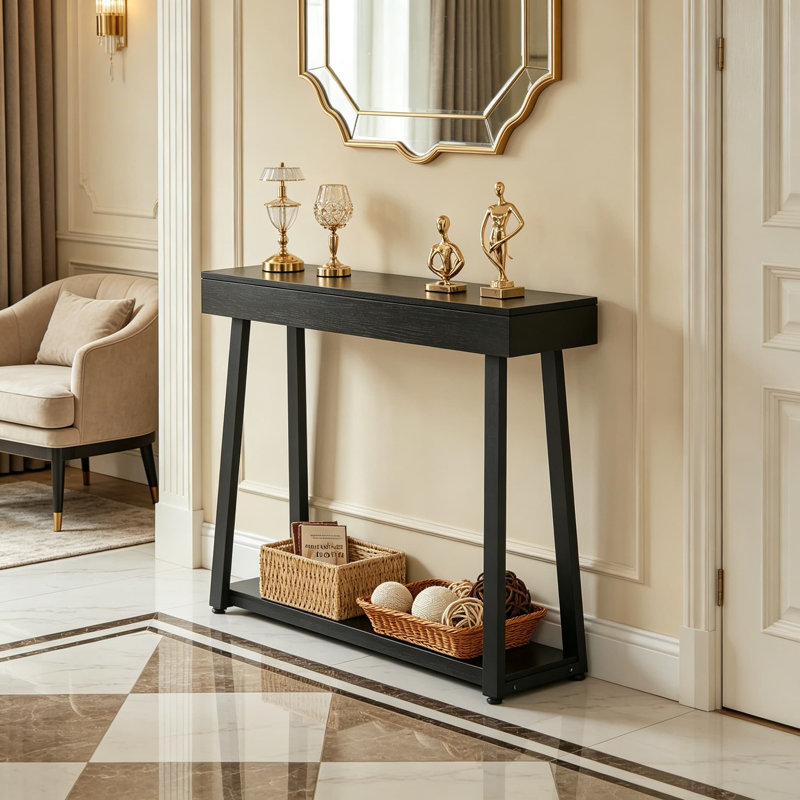 Console mince avec station de charge, table d'entrée étroite de 36 pouces avec prises CA et ports USB, table de canapé de couloir moderne avec structure en métal et tablette inférieure