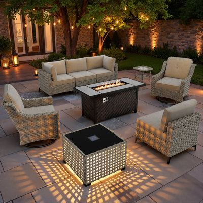 9 - Piece Outdoor PE Rattan Conversation Set with Propane Fire Pit and Solar LED Side Table,Modular Patio Sectional Sofa Set with Cushions