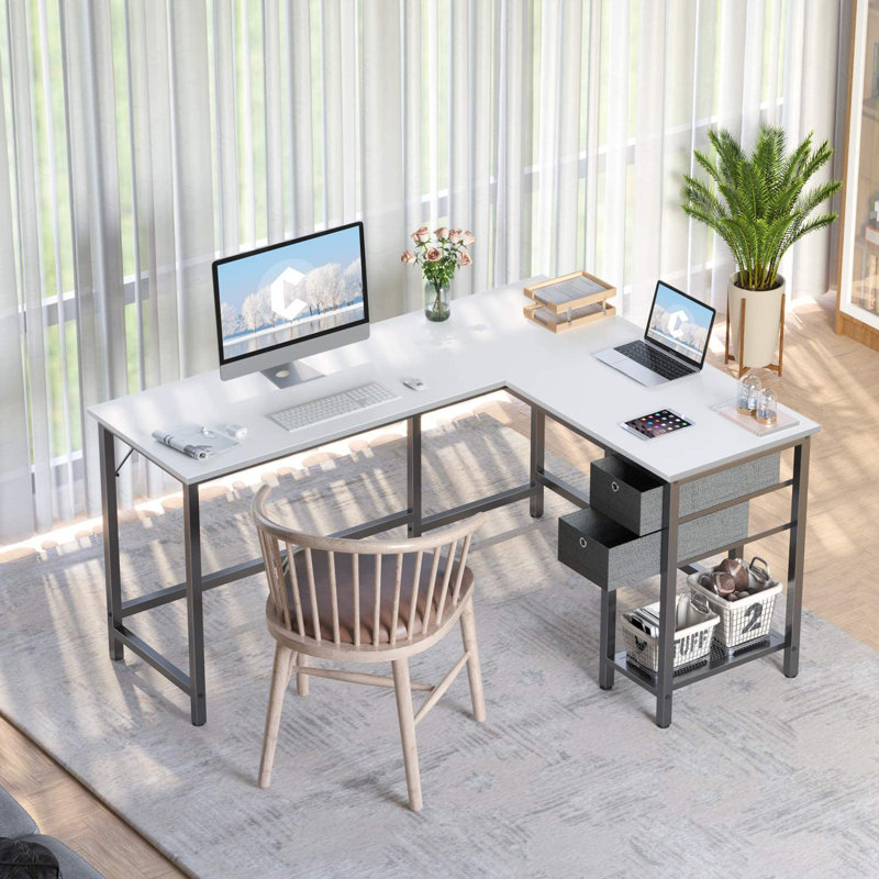 L-Shaped Metal Base Computer Desk, White