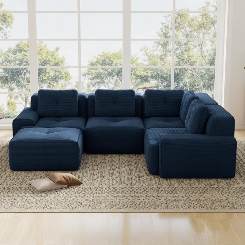 Canapé d'angle modulaire en velours côtelé avec ensemble de 4 places et repose-pieds rembourré Boneless, Bleu