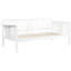 Lit de jour simple blanc avec tables à accoudoirs rabattables, conception à lattes verticales pour un attrait esthétique, chambres pour ados convenables, fabrication en bois massif avec fonction, panneaux à lattes