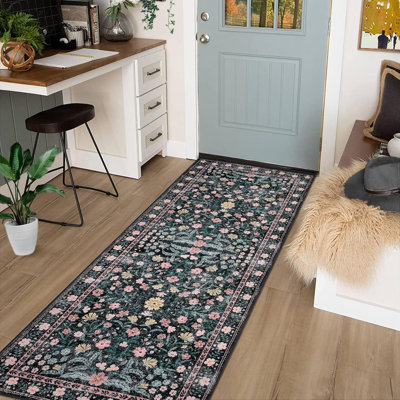 Tapis floral à poils courts - Tapis lavable à la machine, antidérapant, couloir léger, tapis de cuisine et de chambre à coucher, tapis rétro patiné pour la décoration intérieure