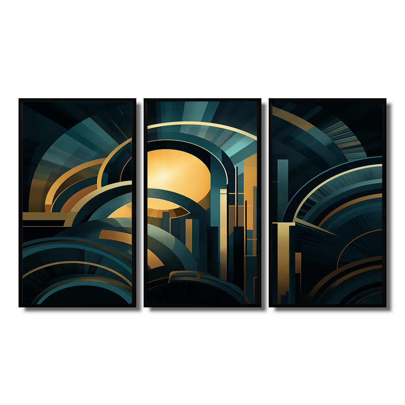 Art nouveau Golden Sunrise - ensemble de reproductions d'art géométriques murales, H 28 po x l 36 po x P 1 po