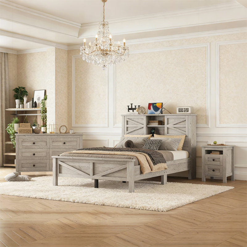 Ensemble de chambre à coucher 3 pièces avec lit plateforme, Gris antique