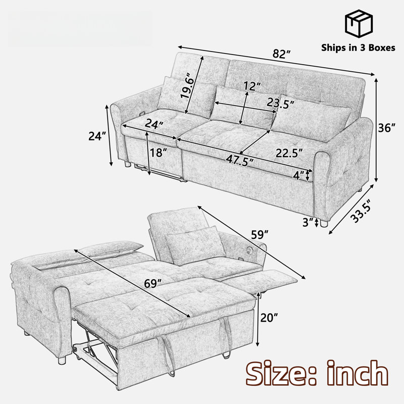 2-in-1 Three-seater Sofa With A Sofa Bed And A Reversible Recliner, Curved Armrests With Tufted Detailing And Usb Charging Ports