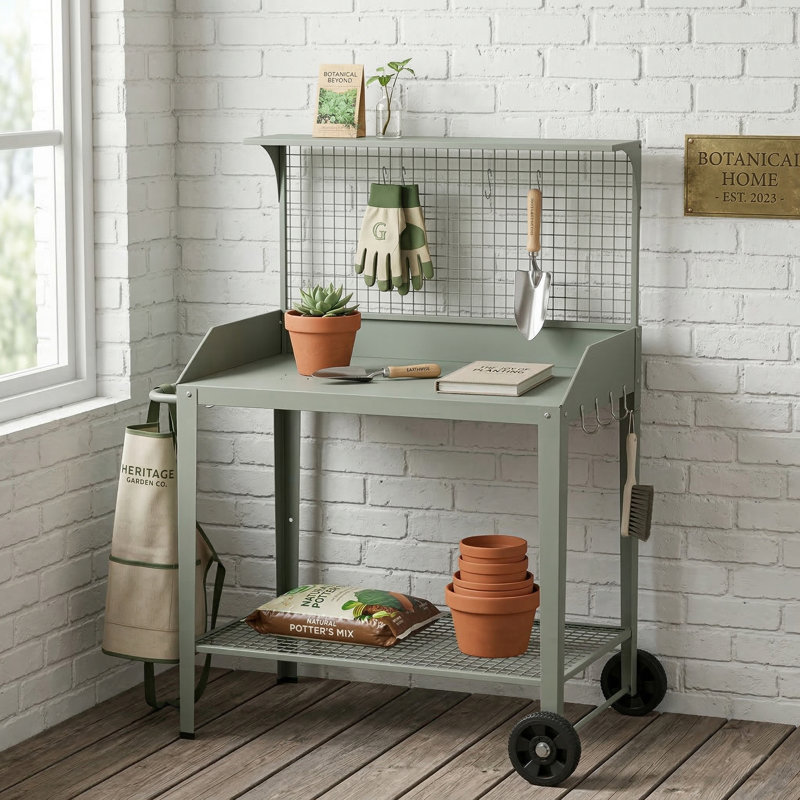 Banc de rempotage extérieur en métal avec roulettes et tablette de rangement, 53" H, Light Green