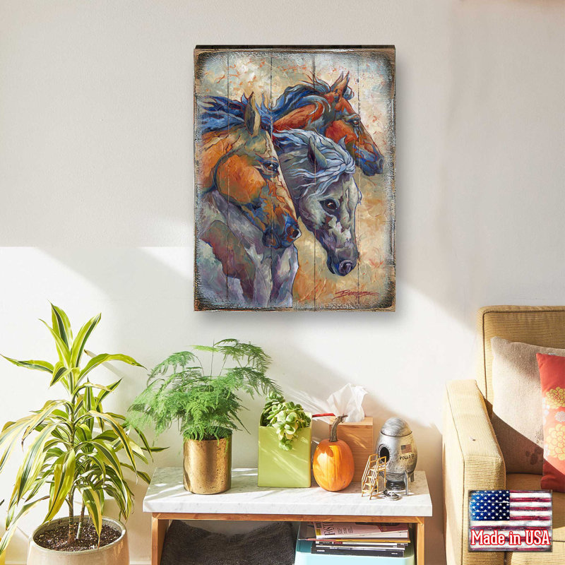 Let ‘Em Run, Horse Heads, palette d'art par Jody Bergsma, H 24 po x l 18 po x P 2 po