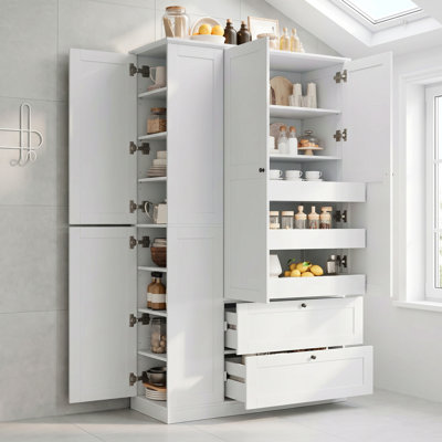 73.6" Tall Farmhouse Kitchen Pantry Cabinet With 8 Shelves, 2 Drawers, 3 Pull-Out Trays, 4 Doors And Side Cabinets For Kitchen & Dining Room