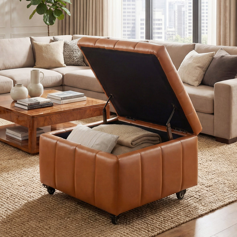 23.5" W Square Faux Leather Ottoman With Storage Puff with Casters, Light Brown