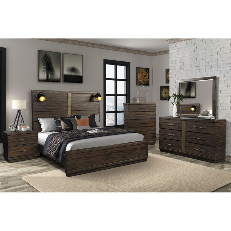 Lit de style industriel avec lumières, bois massif, brun, P 88,76 po x l 80 po, H 68 po, 192 lb avec et avec profondeur de réglage + profondeur, 192 lb, charge, positionnement de la tête de lit