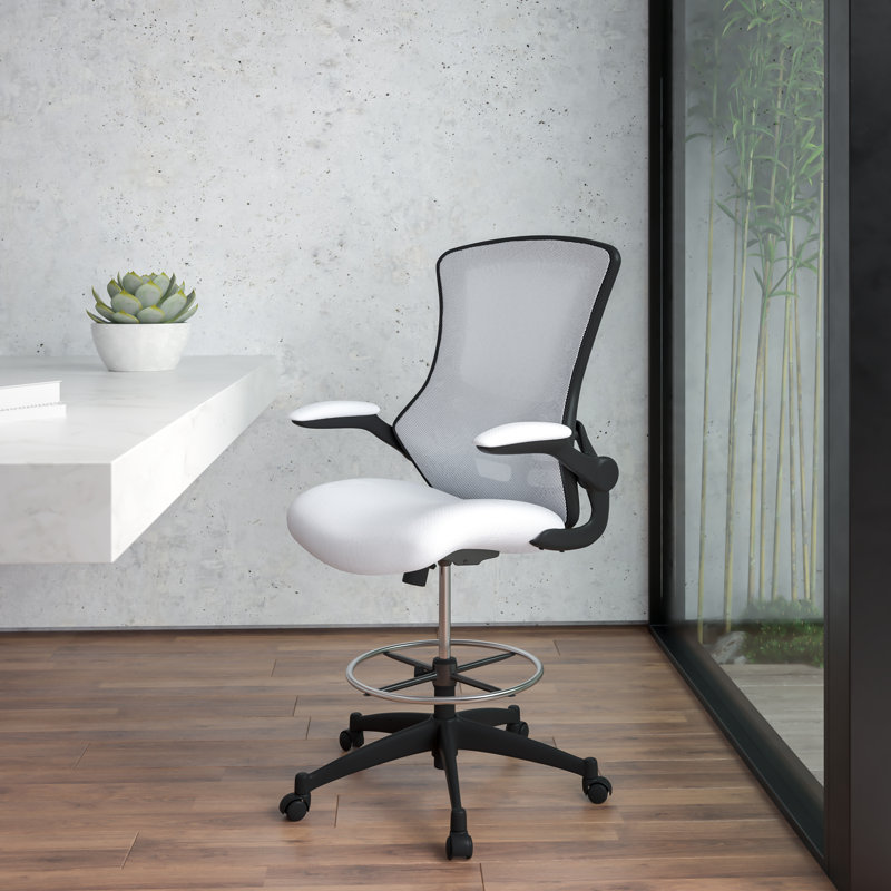 Mid-Back Mesh Ergonomic Drafting Chair with Adjustable Foot Ring and Flip-Up Arms, White