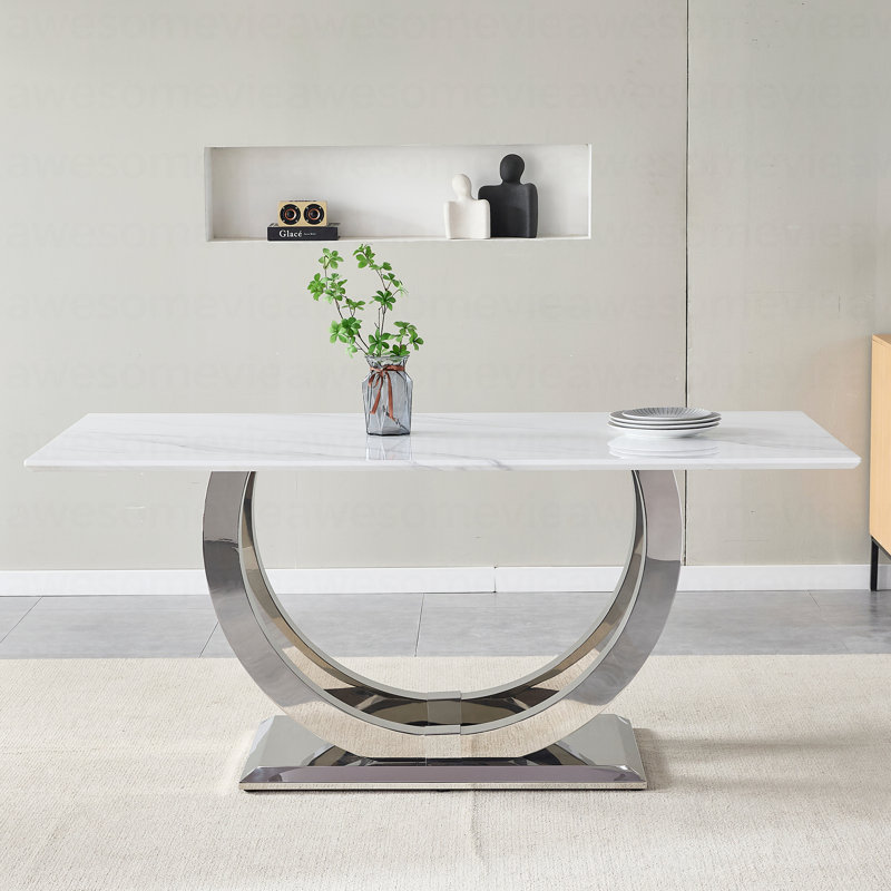 Table de salle à manger rectangulaire de 69,30 pouces, moderne simple, plateau en marbre, plateau en panneau de fibres à densité moyenne, surface de miroir en acier inoxydable de couleur argent, pouvant accueillir 4 à 6 personnes, motif en marbre blanc, miroir argenté.