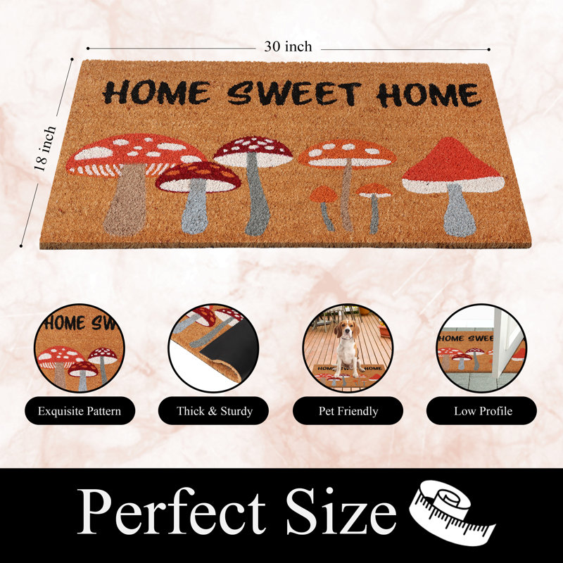 Natural Coco Coir Door Mat with PVC Backing, "Home Sweet Home Mushroom", 18"x30", Heavy-Duty Non-Slip Indoor/Outdoor