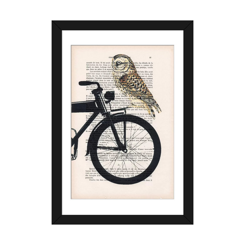 «Vintage Paper Series: Owl on Bicycle», impression sur toile, Papier beaux-arts encadré noir, H 32 po x l 24 po x P 1 po