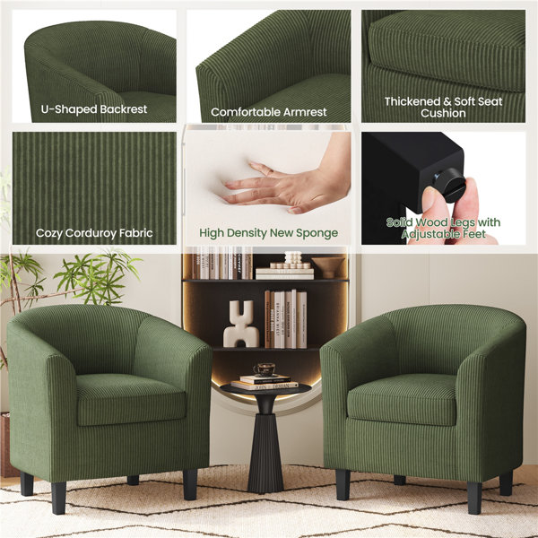 Chairs Living Room 2-Pack Dark Green Corduroy Barrel Chairs