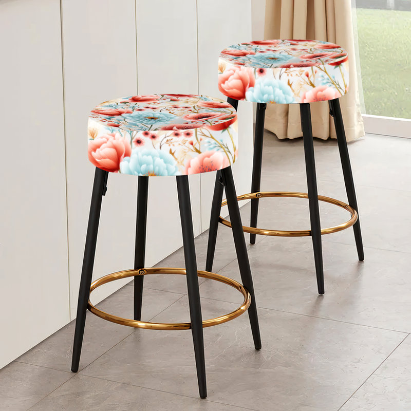 Ensemble de 2 tabourets de bar motif hortensia beige et corail