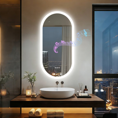 Miroir de salle de bain DEL 101,6 x 50,8 cm avec deux haut-parleurs Bluetooth pour petite salle de bain et salle d'eau, éclairage à intensité variable 3 couleurs, antibuée, fonction mémoire et tactile intelligent