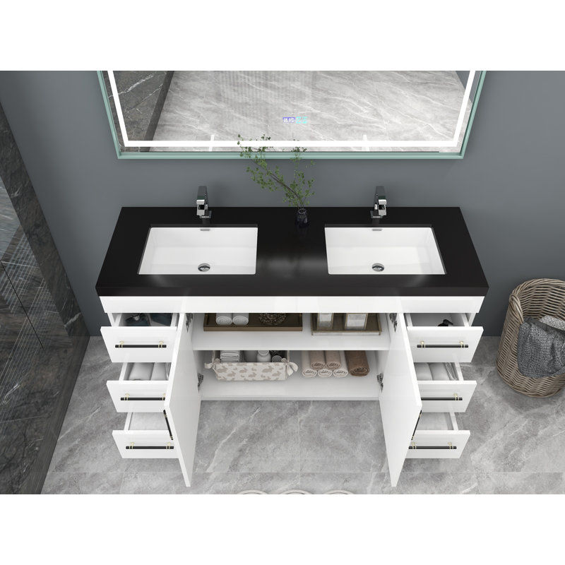 Campbelle 60'' Double Bathroom Vanity with Plastic Top, High Gloss White, Matte Black