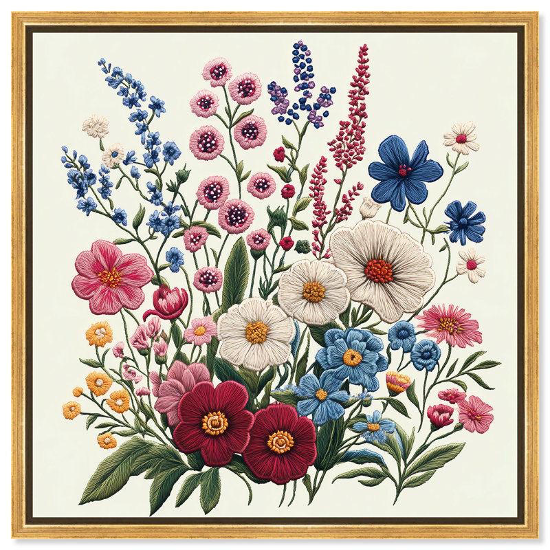 Fleurs sauvages tissées sur toile par Art Remedy, H 13 po x l 13 po, Cadre doré
