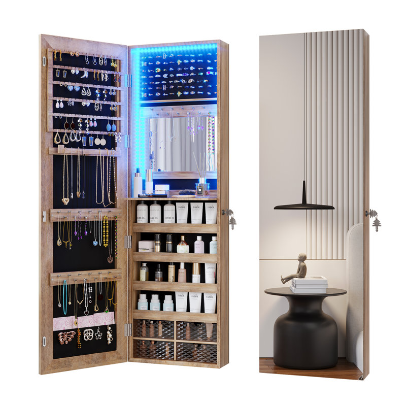 Jewelry Cabinets with Interior Vanity Mirror, Door Hanging/Wall Mounted Jewelry Armoire, Brown
