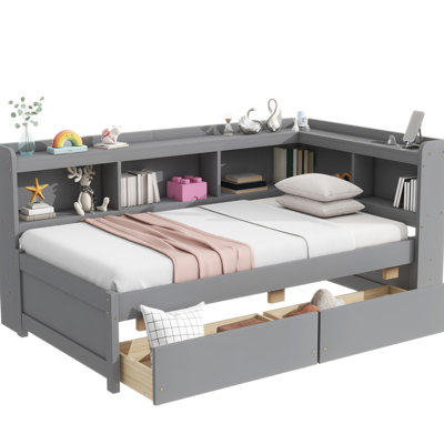 Twin Size Bed With L-Shaped Bookcases & Drawers, Grey, Power - Stylish Functional In Grey , 2 Drawer Compartments Practical Bedroom Choice