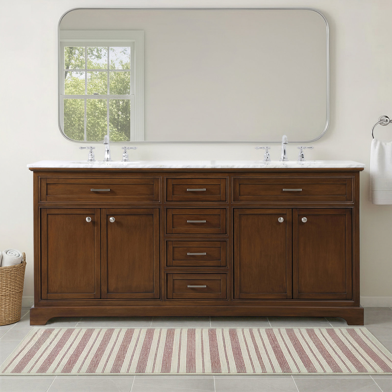 Hermes 72'' Double Bathroom Vanity, Dark Teak, Carrara White Gray