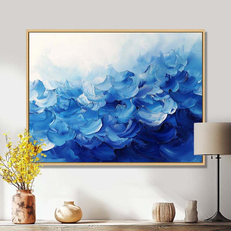 Bleu et blanc délicats pétales de fleurs II - fleurs, art mural, Impression encadrée flottante, H 16 po x l 32 po, Cream