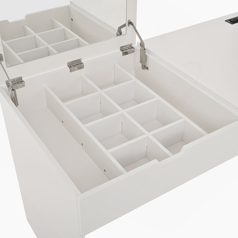 Meuble-lavabo polyvalent avec miroir et station de charge, coiffeuse avec 8 compartiments de rangement cachés, bureau d'ordinateur à 3 tiroirs, 2 armoires et tablettes ouvertes, bureau personnel, blanc