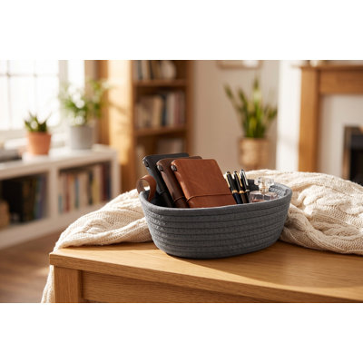 Petit panier de rangement en corde de coton tissé, bac de rangement rectangulaire gris acier de 10 po x 8 po pour tablette, chambre de bébé et plateau fourre-tout de hall d'entrée