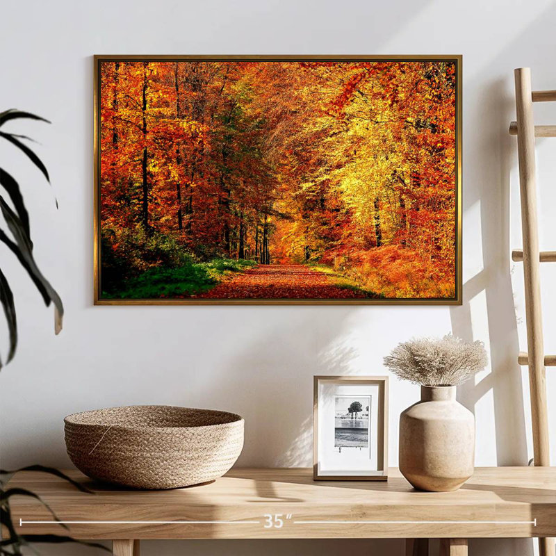 Chemin vers la forêt d'automne, 25 po x 17 po, Cadre flottant doré