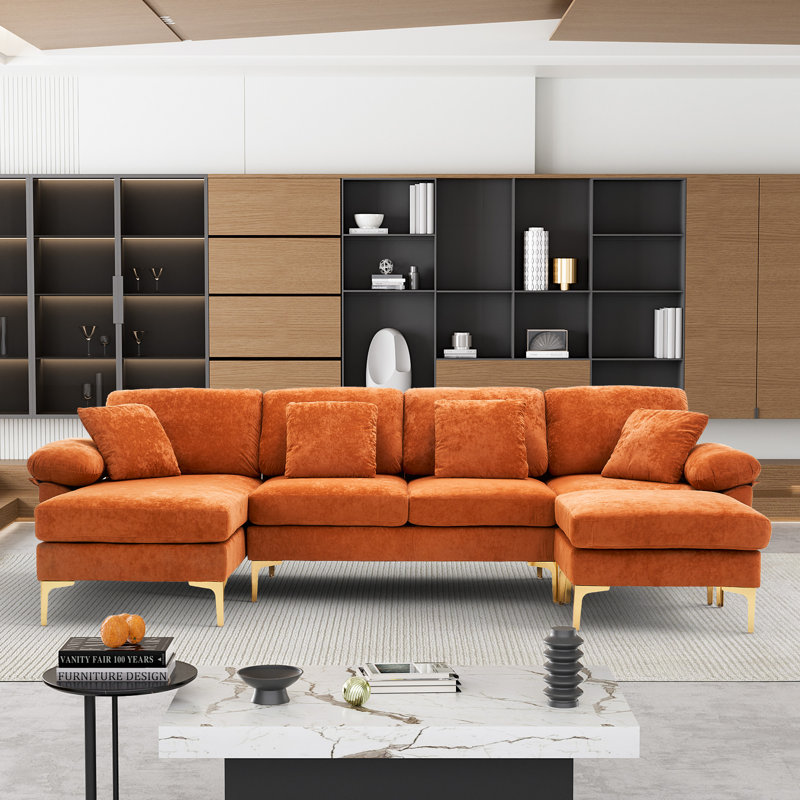 Canapé modulaire en chenille en U 114 po avec méridienne et pieds dorés, Velours orange