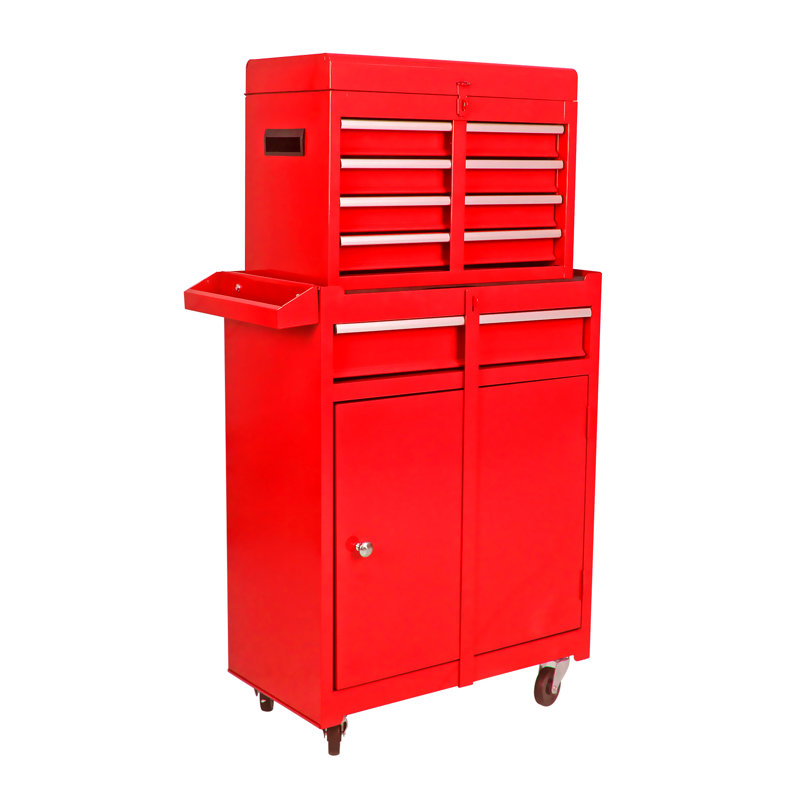 Boîte à outils 5 roulettes avec roulettes verrouillables, plateau amovible et tablette ajustable - commode rouge pour garage