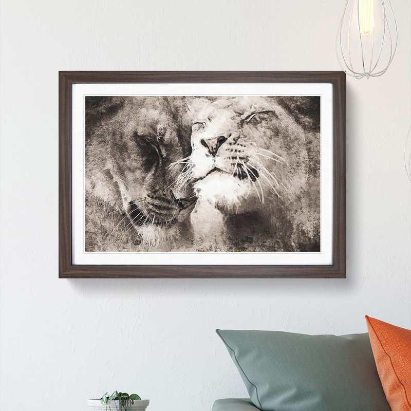 Pair of Loving Lions - Picture Frame Graphic Art Print, 36cm H x 48cm W x 2cm D, Walnut Framed