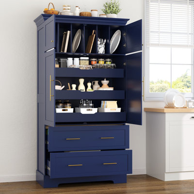 Farmhouse Freestanding 40''x18''x72.6'' Kitchen Pantry, 4 Doors Dining Storage Cabinet with Pull-out Trays, Drawers and Cake Pan Storage Organizer