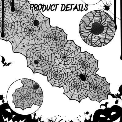 Halloween Table Runner with 16 Pack 3D Bats,Black Lace Spider Web Table Runner Creepy Scary Runner for Halloween Party Holiday Kitchen Dining Dinner Table Party Decoration Indoor Outdoor 18x72In