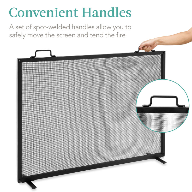 Cassiano 38x27in Single Panel Fireplace Screen Handcrafted Steel Mesh Spark Guard w/ Handles, Black