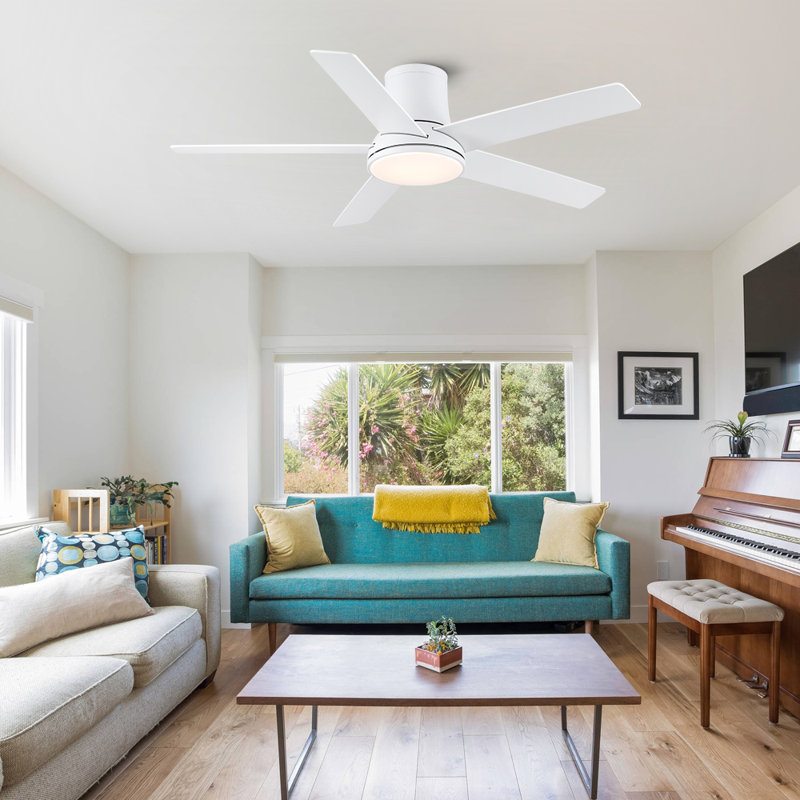 Cryise 52" Indoor Matte White Flush Mount Ceiling Fan With LED Light, Remote Control And 5 Two-Tone Blades, 52" Wide, 180 RPM