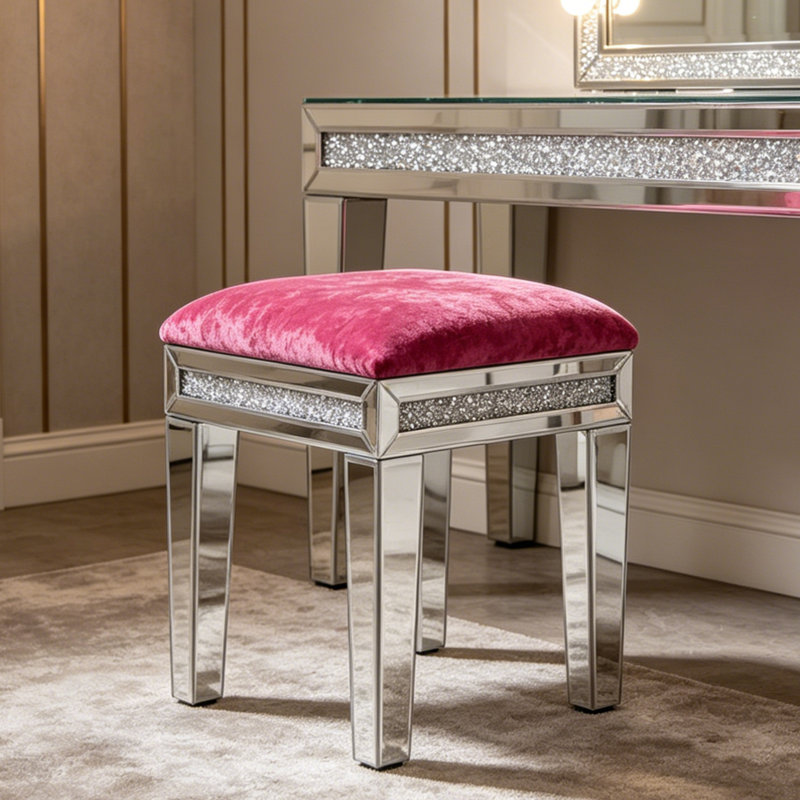 Mikayil Glass Mirrored Accent Stool Diamonds Vanity Stool, Pink
