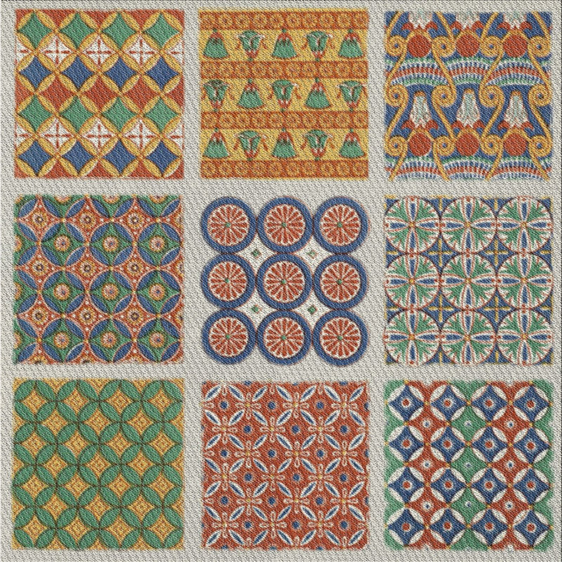 Tapis vert/bleu/rouge tissé à la machine, Carré 8 pi