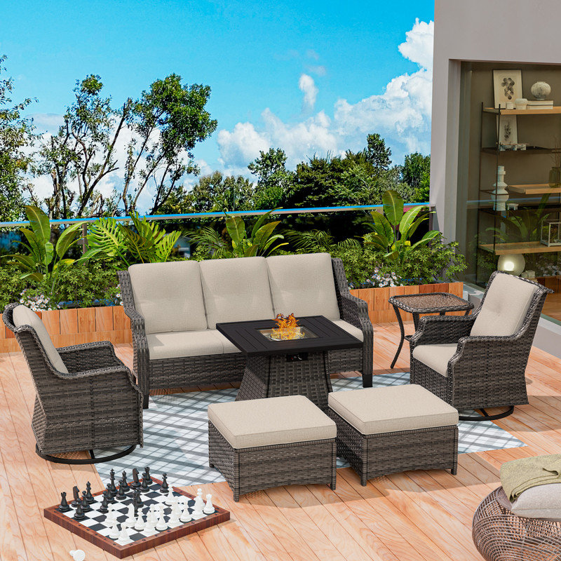 Ensemble de conversation pour 7 personnes avec foyer et repose-pieds, Beige
