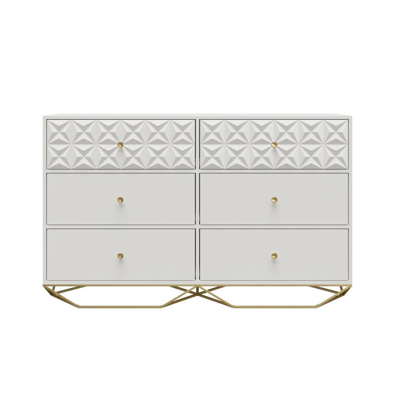 White Double 6-Drawer Dresser with Gold Accents
