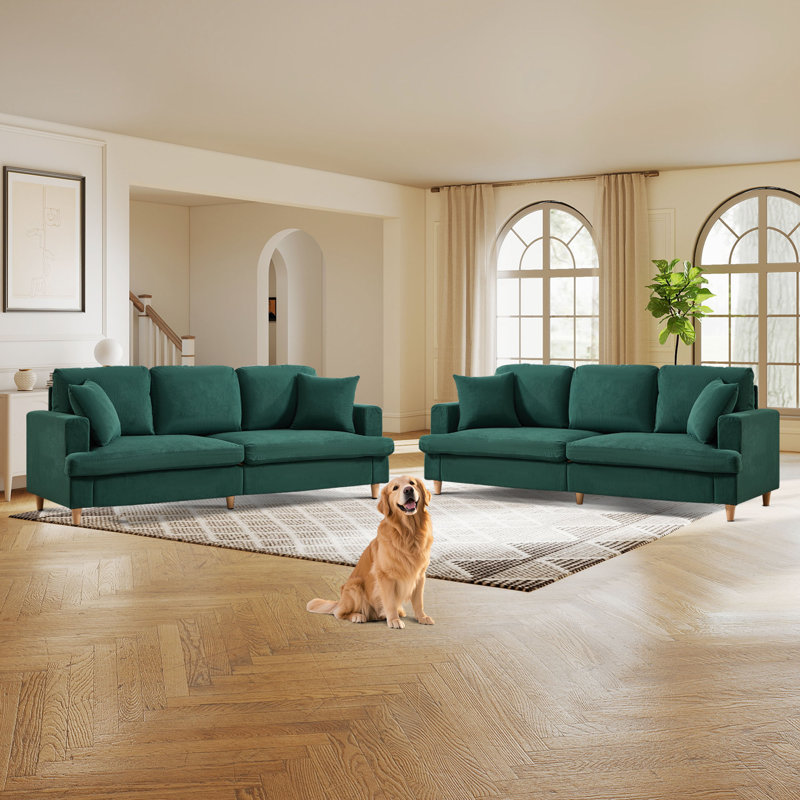 221cm Wide Corduroy Sofa with Square Armrests and 2 Throw Pillows (Set of 2)
