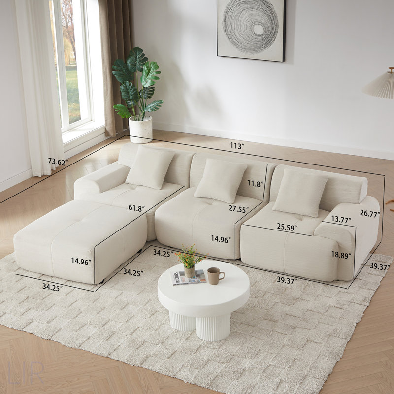 Canapé modulaire en forme de L de 113 pouces, revêtement en velours côtelé, canapé 3 places surdimensionné avec assise profonde et repose-pieds mobile - non assemblé