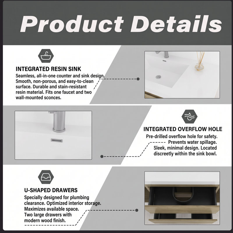48" Wood Melamine  Wall‑Mount Bathroom Vanity Natural Wood, Wear‑resistant, anti‑scratch and non‑porous easy‑clean surface, Pre-Assembled