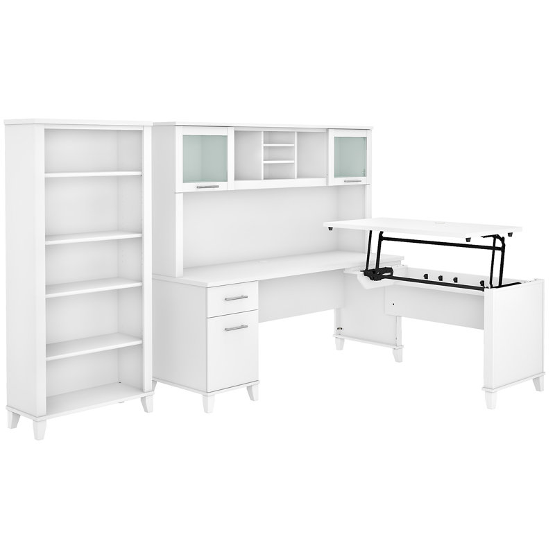 Magomed 72W 3 Position Sit to Stand L Shaped Desk with Hutch and Bookcase, White