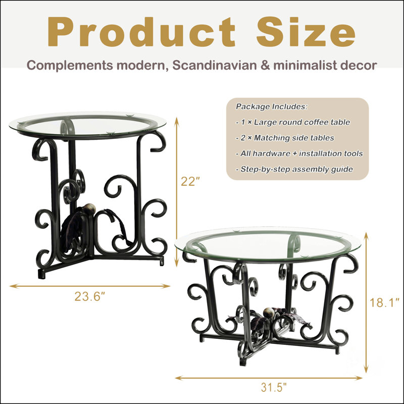 Ensemble de tables basses 3 pièces avec verre trempé et structure en métal robuste, idéal pour les petits espaces et les salons modernes