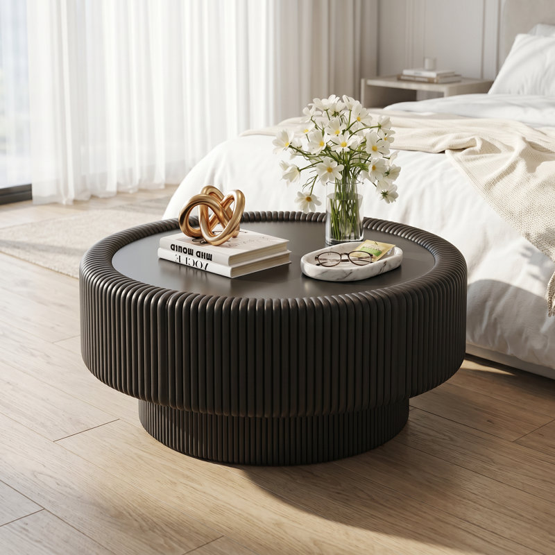 Table basse de rangement ronde cannelée de 31,5 pouces avec plateau en verre trempé et corps enveloppé de cuir de qualité supérieure, table centrale de salon à compartiment caché pour l'organisation du désordre, surface résistante aux égratignur