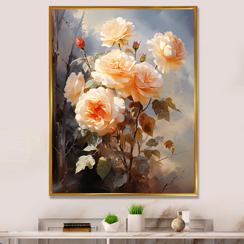 Impression romantique Carsta Peach Roses II, H 32 po x l 16 po x P 1 po, Cadre flottant doré