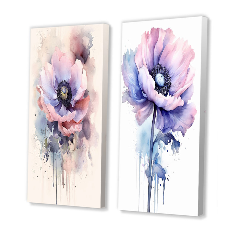 Minimalisme, coquelicots mauves - coquelicots, ensemble de 2 impressions sur toile, Toile tendue, H 40 po x l 41 po