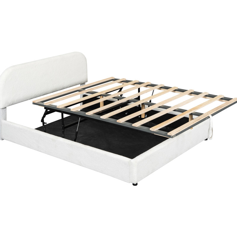 Lit tapissier hydraulique blanc avec rangement pour grand lit - plateforme en molleton avec revêtement élégant, Grand lit